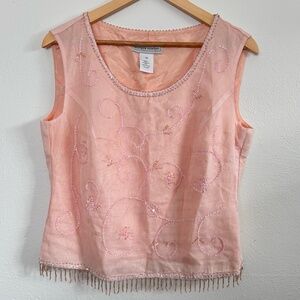 VTG‎ Beaded Tank Top Womens L Pink Linen Romantic Feminine Ballet Coquette Boho